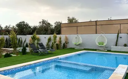 Pool and hanging chairs by day